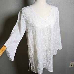 White Embroidered V-Neck Long Length Tunic Side Slits Women's Top Size Large